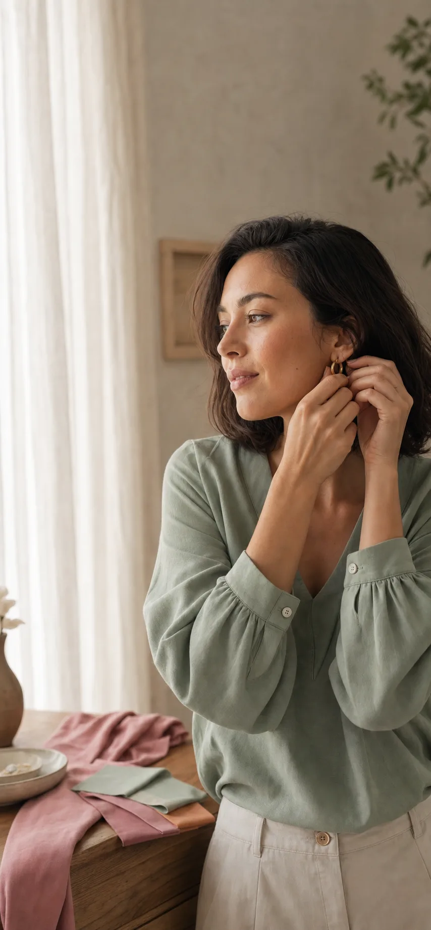 A smiling woman wearing a sage green blouse in her best color, putting on a gold earring