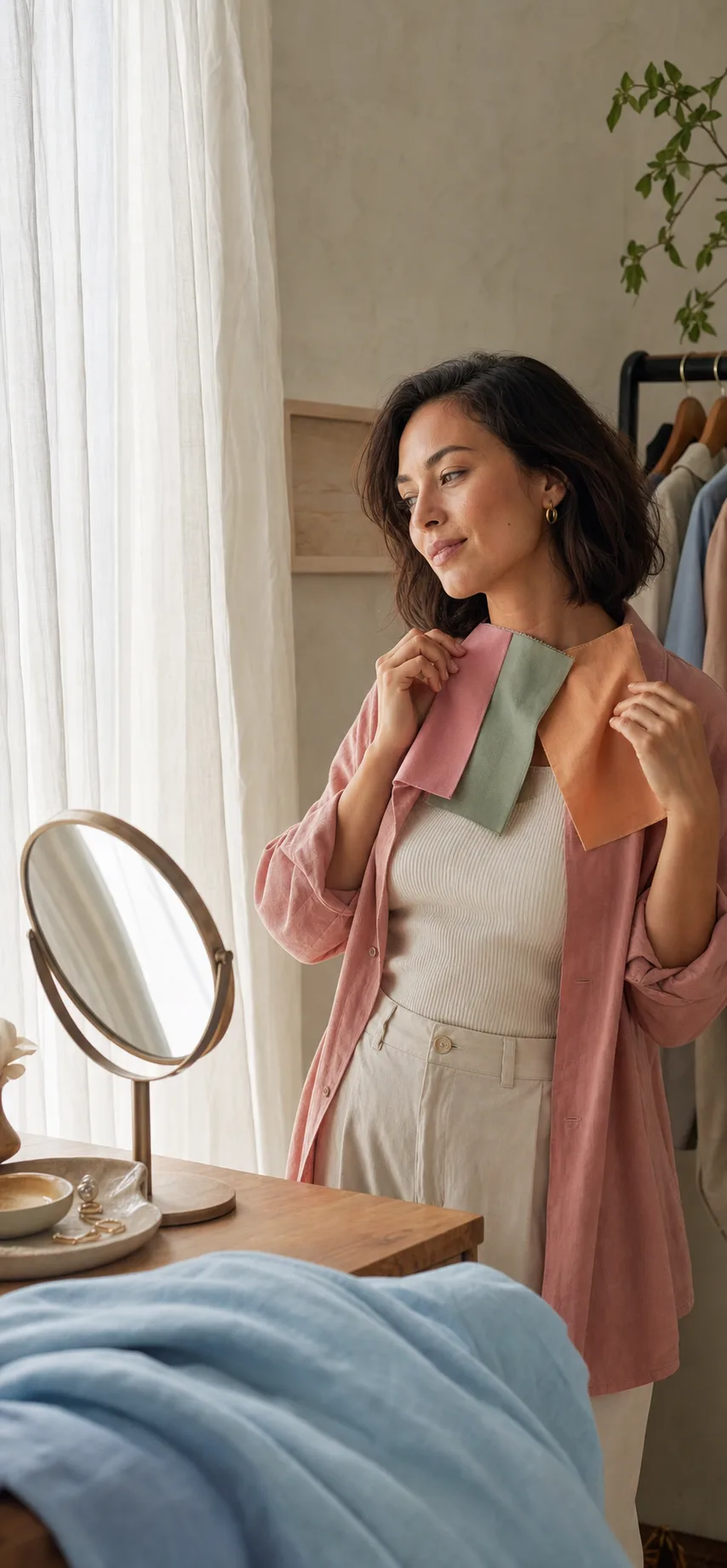 A woman holding pink, sage, and peach fabric swatches up to her face in front of a mirror to find her color season